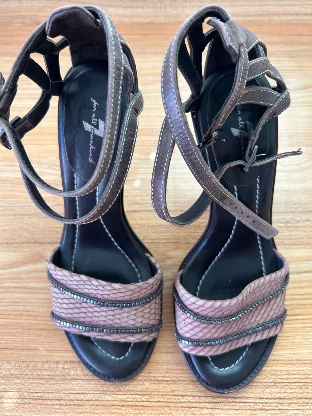 Braided Strap Brown High-Heel Sandals with Ankle Wrap